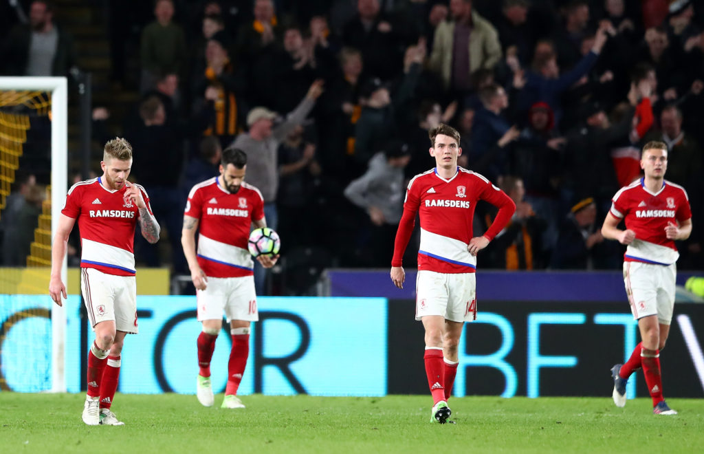 HULL, ENGLAND - APRIL 05: The Middlesbrough players look dejected after Hull City score their fourth goal during the Premier League match between Hull City and Middlesbrough at the KCOM Stadium on April 5, 2017 in Hull, England.  (Photo by Matthew Lewis/Getty Images)