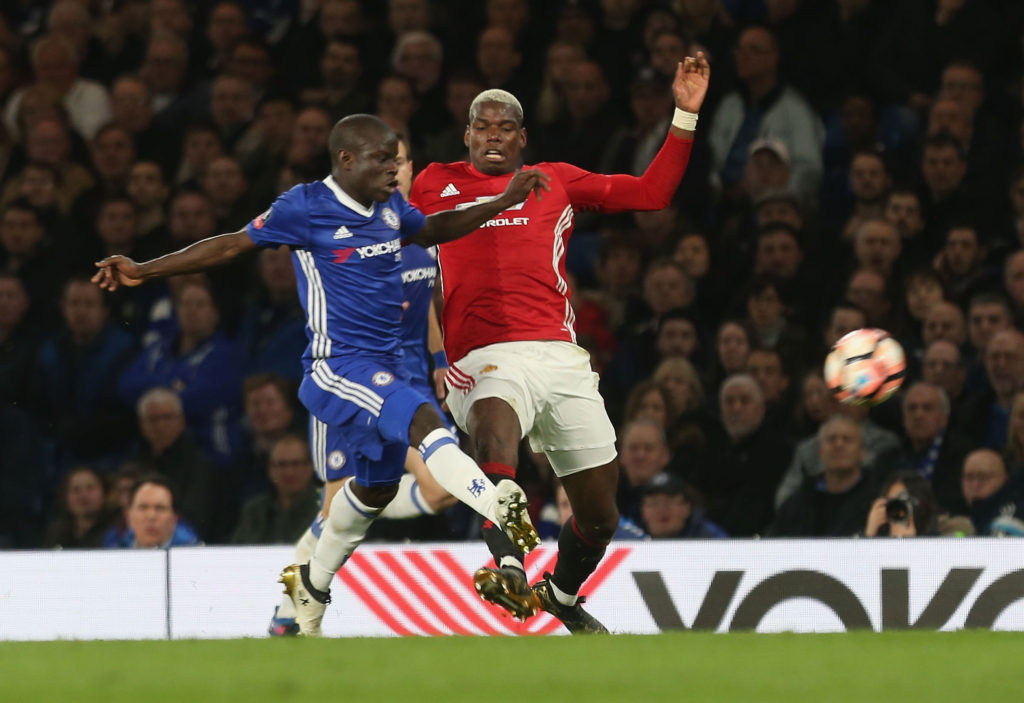 LONDON, ENGLAND - MARCH 13:  Paul Pogba of Manchester United in action with Ngolo Kante of Chelsea during the Emirates FA Cup Quarter-Final match between Chelsea and Manchester United at Stamford Bridge on March 13, 2017 in London, England.  (Photo by Matthew Peters/Man Utd via Getty Images)