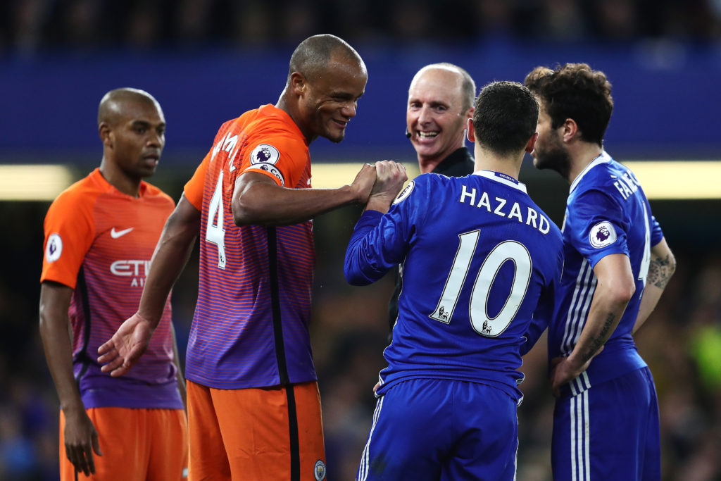 LONDON, ENGLAND - APRIL 05: Eden Hazard of Chelsea jokes with Vincent Kompany of Manchester City during the Premier League match between Chelsea and Manchester City at Stamford Bridge on April 5, 2017 in London, England. (Photo by Chris Brunskill Ltd/Getty Images)