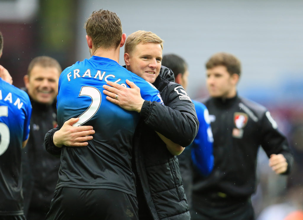 BIRMINGHAM, ENGLAND - APRIL 09: Eddie Howe manager / head coach of Bournemouth embraces Simon Francis of Bournemouth at full-time during the Barclays Premier League match between Aston Villa and A.F.C. Bournemouth at Villa Park on April 9, 2016 in Birmingham, England. (Photo by James Baylis - AMA/Getty Images)