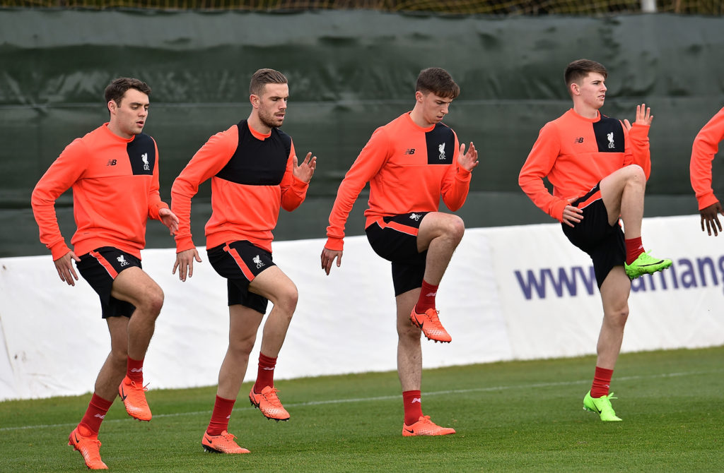 LA MANGA, SPAIN - FEBRUARY 17:  (THE SUN OUT, THE SUN ON SUNDAY OUT) Connor Randall, Jordan Henderson, Conor Masterson and Ben Woodburn of Liverpool during a training session at La Manga on February 17, 2017 in La Manga, Spain.  (Photo by Andrew Powell/Liverpool FC via Getty Images)