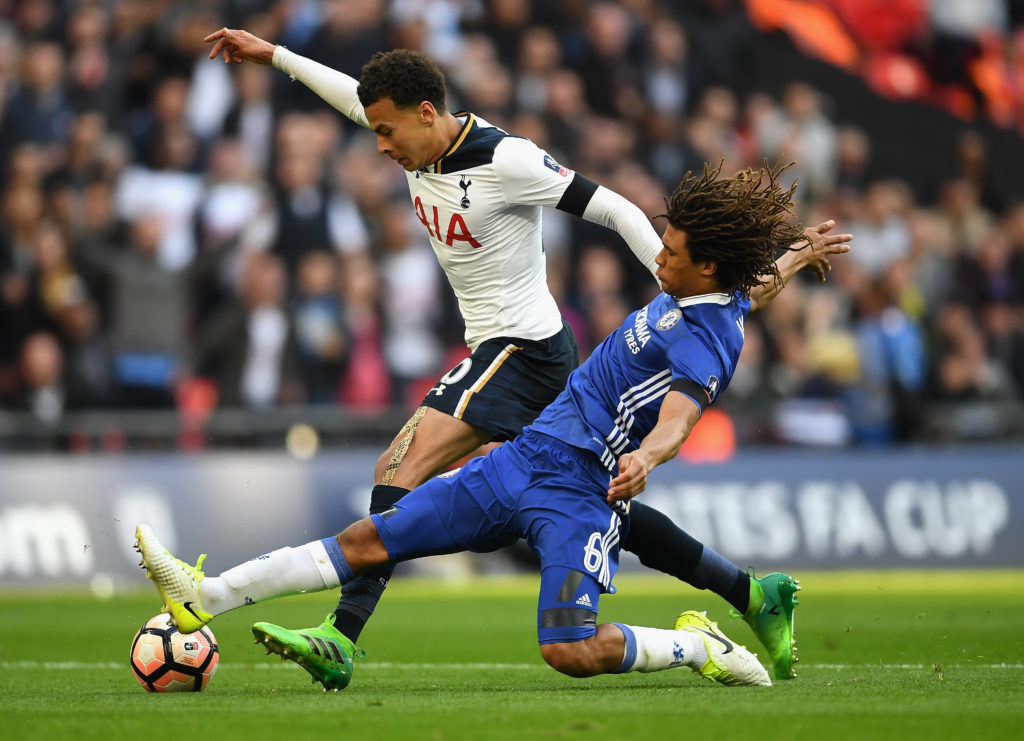 LONDON, ENGLAND - APRIL 22:  Nathan Ake of Chelsea tackles Dele Alli of Tottenham Hotspur during The Emirates FA Cup Semi-Final between Chelsea and Tottenham Hotspur at Wembley Stadium on April 22, 2017 in London, England.  (Photo by Laurence Griffiths/Getty Images)