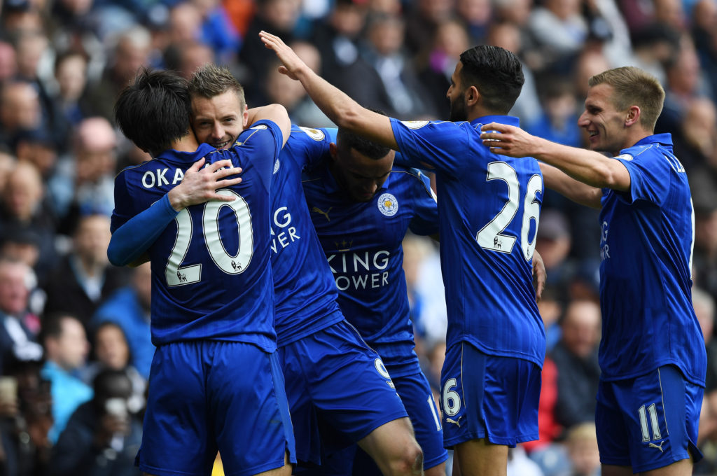 WEST BROMWICH, ENGLAND - APRIL 29:  Jamie Vardy of Leicester City celebrates with team mates after scoring his sides first goal during the Premier League match between West Bromwich Albion and Leicester City at The Hawthorns on April 29, 2017 in West Bromwich, England.  (Photo by Shaun Botterill/Getty Images)