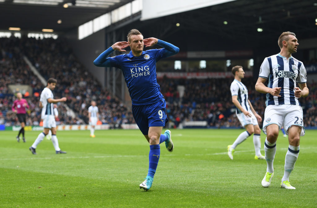 WEST BROMWICH, ENGLAND - APRIL 29: Jamie Vardy of Leicester City celebrates after scoring his sides first goal during the Premier League match between West Bromwich Albion and Leicester City at The Hawthorns on April 29, 2017 in West Bromwich, England. (Photo by Shaun Botterill/Getty Images)