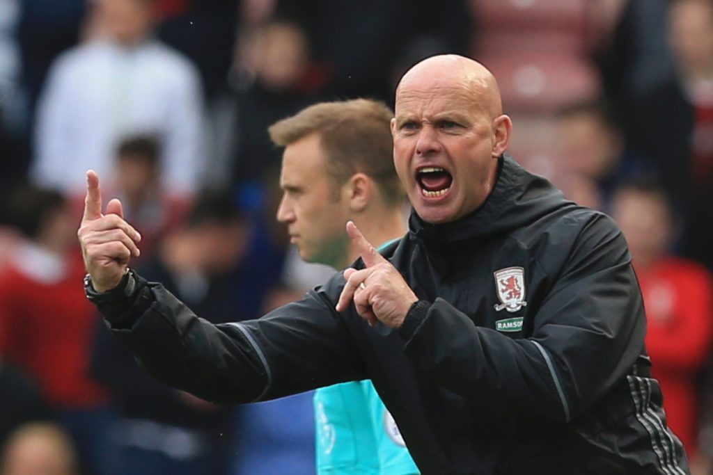 Middlesbrough's English head coach Steve Agnew gestures on the touchline during the English Premier League football match between Middlesbrough and Manchester City at Riverside Stadium in Middlesbrough, northeast England on April 30, 2017. / AFP PHOTO / Lindsey PARNABY / RESTRICTED TO EDITORIAL USE. No use with unauthorized audio, video, data, fixture lists, club/league logos or 'live' services. Online in-match use limited to 75 images, no video emulation. No use in betting, games or single club/league/player publications.  /         (Photo credit should read LINDSEY PARNABY/AFP/Getty Images)