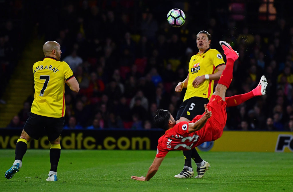 WATFORD, ENGLAND - MAY 01:  Emre Can of Liverpool scores the opening goal during the Premier League match between Watford and Liverpool at Vicarage Road on May 1, 2017 in Watford, England.  (Photo by Dan Mullan/Getty Images)