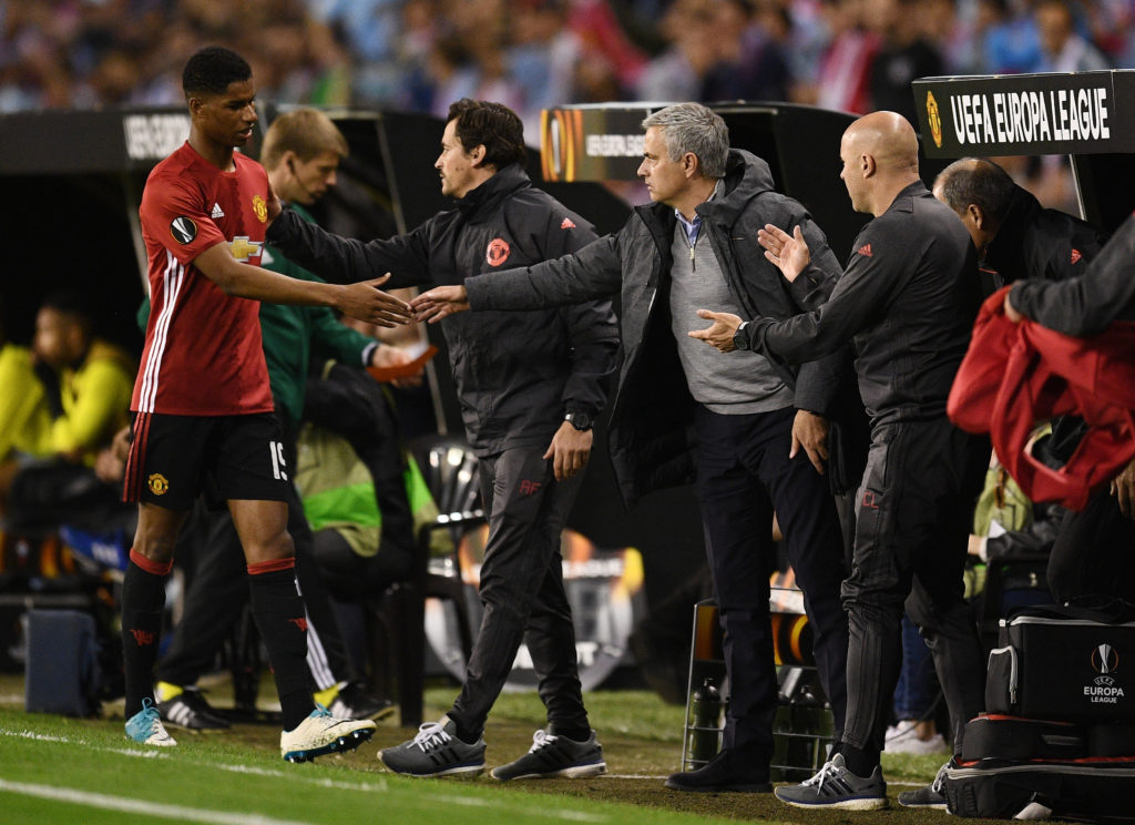 VIGO, SPAIN - MAY 04:  Marcus Rashford of Manchester United shakes hands with Jose Mourinho manager of Manchester United as he is substituted during the UEFA Europa League semi final, first leg match between Celta Vigo and Manchester United at the Estadio Balaidos on May 4, 2017 in Vigo, Spain.  (Photo by David Ramos/Getty Images)