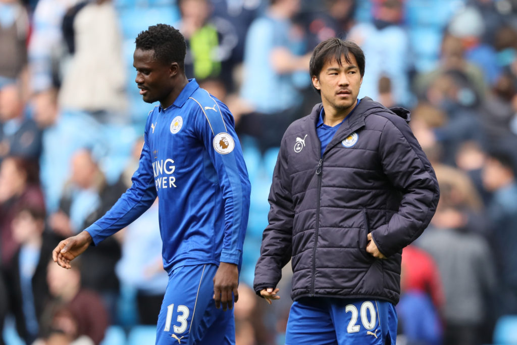 MANCHESTER, ENGLAND - MAY 13:  Shinji Okazaki of Leicester City and Daniel Amartey (L) look dejected at the end of the Premier League match between Manchester City and Leicester City at Etihad Stadium on May 13, 2017 in Manchester, England.  (Photo by Matthew Ashton - AMA/Getty Images)