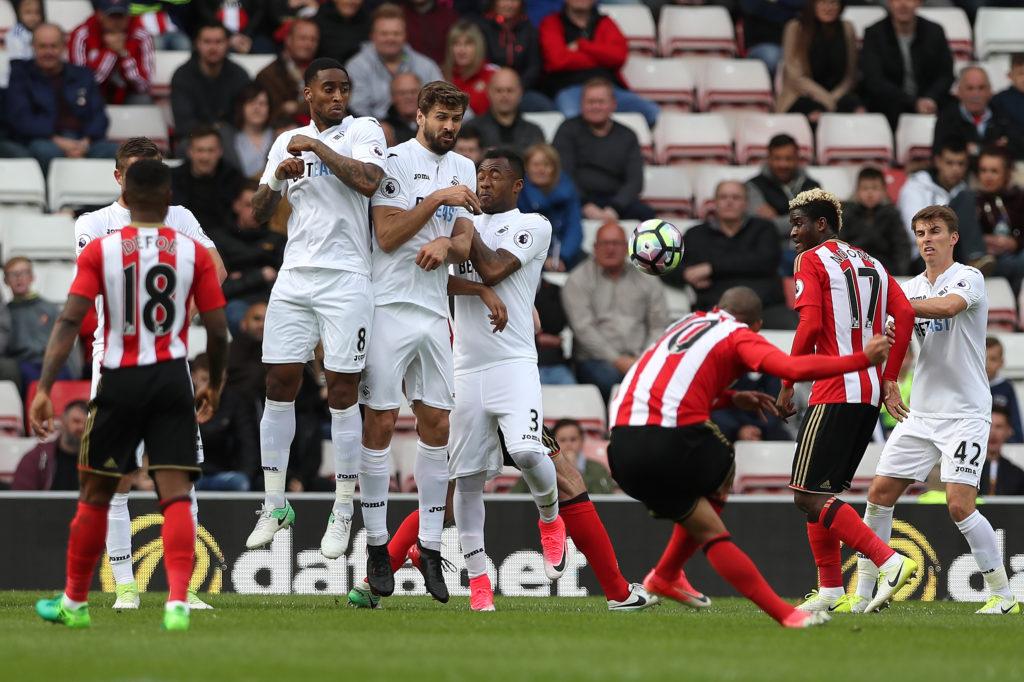 SUNDERLAND, ENGLAND - MAY 13: Wahbi Khazri of Sunderland takes a free kick during the Premier League match between Sunderland and Swansea City at Stadium of Light on May 13, 2017 in Sunderland, England. (Photo by Ian MacNicol/Getty Images)