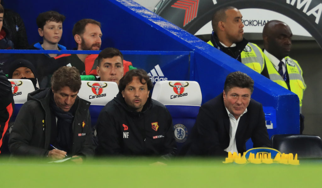 LONDON, ENGLAND - MAY 15: Walter Mazzarri, Manager of Watford looks on during the Premier League match between Chelsea and Watford at Stamford Bridge on May 15, 2017 in London, England.  (Photo by Richard Heathcote/Getty Images)