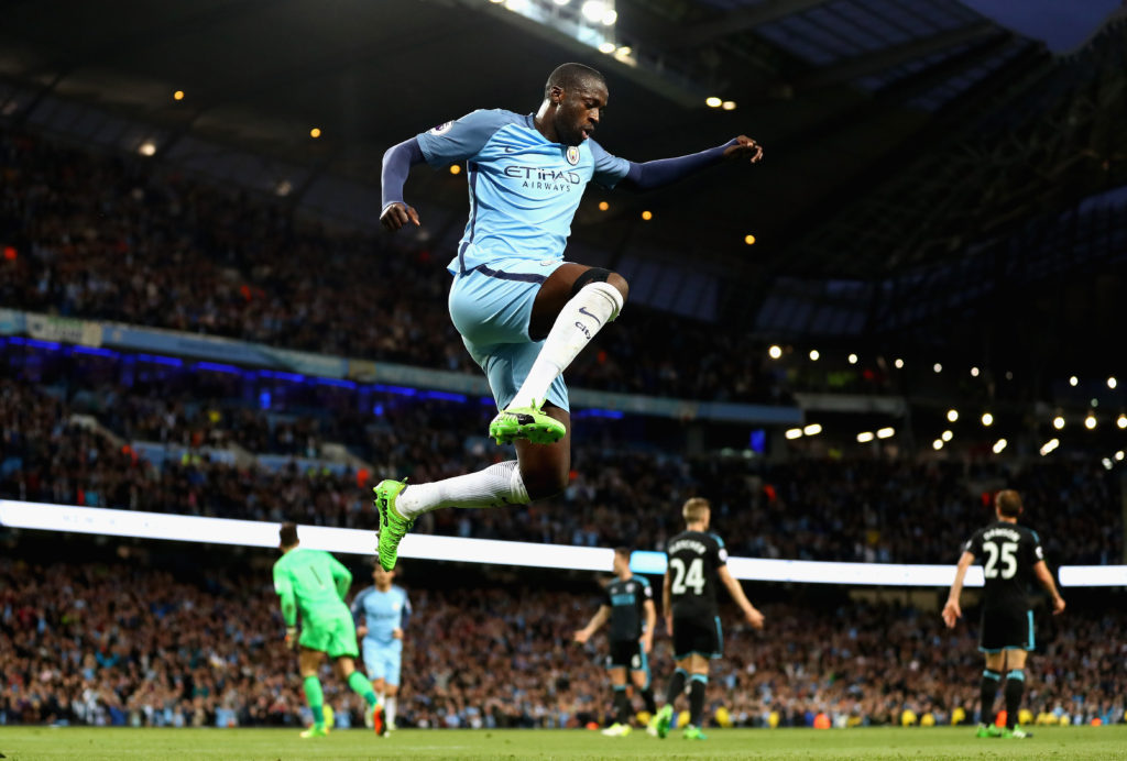 MANCHESTER, ENGLAND - MAY 16:  Yaya Toure of Manchester City celebrates scoring his sides third goal during the Premier League match between Manchester City and West Bromwich Albion at Etihad Stadium on May 16, 2017 in Manchester, England. (Photo by Clive Mason/Getty Images)