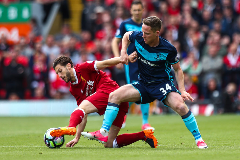 LIVERPOOL, ENGLAND - MAY 21: Adam Lallana of Liverpool and Adam Forshaw of Middlesbrough during the Premier League match between Liverpool and Middlesbrough at Anfield on May 21, 2017 in Liverpool, England. (Photo by Robbie Jay Barratt - AMA/Getty Images)