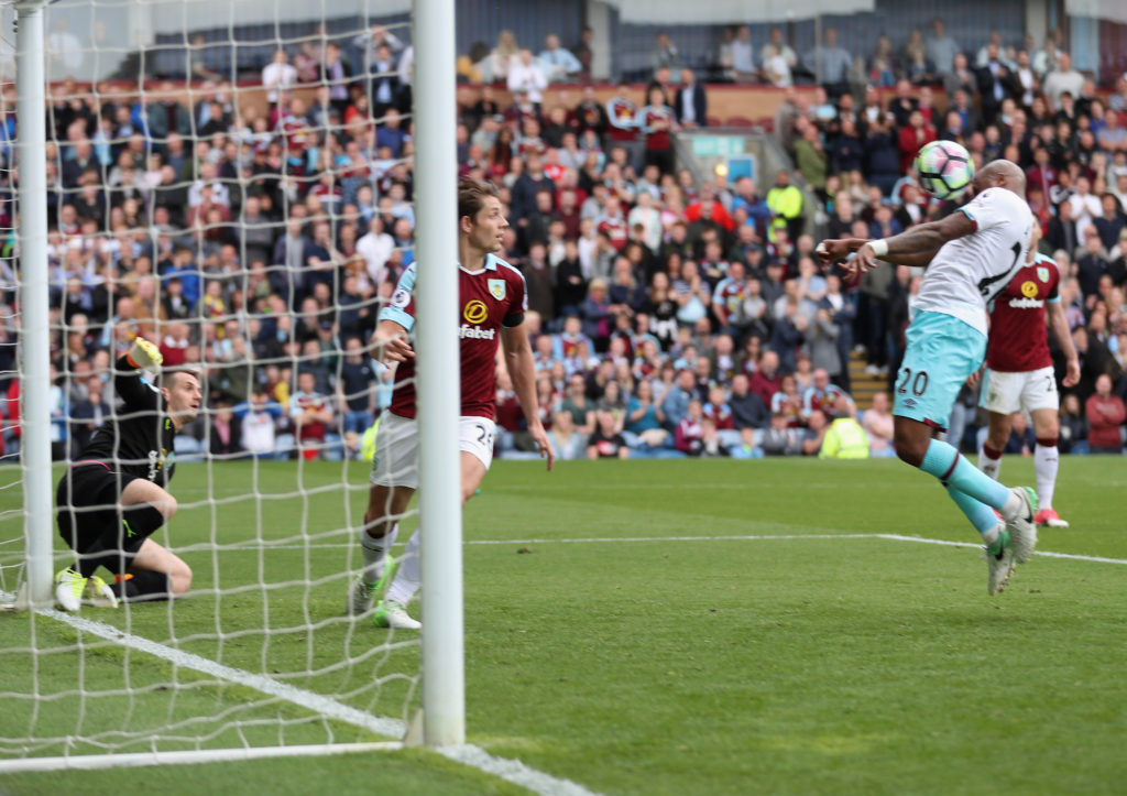 BURNLEY, ENGLAND - MAY 21:  Andre Ayew of West Ham United  scores his sides second goal during the Premier League match between Burnley and West Ham United at Turf Moor on May 21, 2017 in Burnley, England.  (Photo by Mark Robinson/Getty Images)