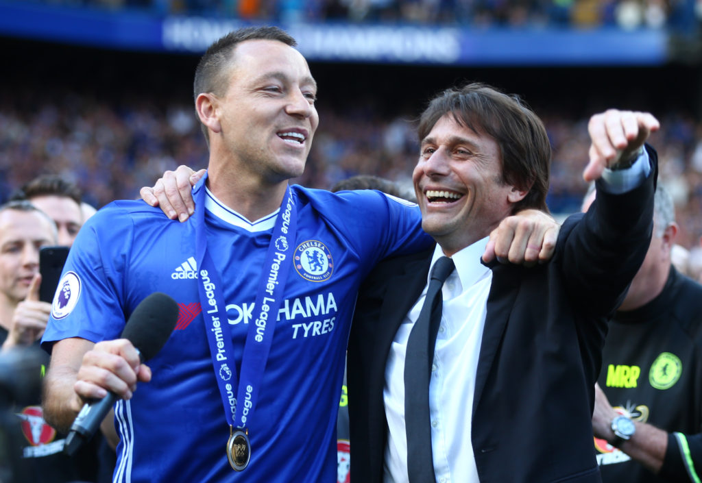 Chelsea's John Terry with Chelsea manager Antonio Conte  during the Premier League match between Chelsea and Sunderland at Stamford Bridge, London, England on 21 May 2017.   (Photo by Kieran Galvin/NurPhoto via Getty Images)