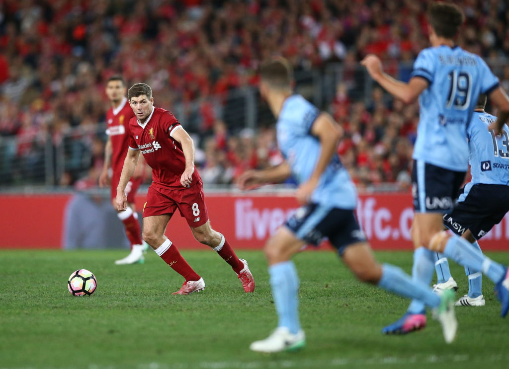 SYDNEY, AUSTRALIA - MAY 24:  Steven Gerrard of Liverpool looks to pass during the International Friendly match between Sydney FC and Liverpool FC at ANZ Stadium on May 24, 2017 in Sydney, Australia.  (Photo by Mark Metcalfe/Getty Images)