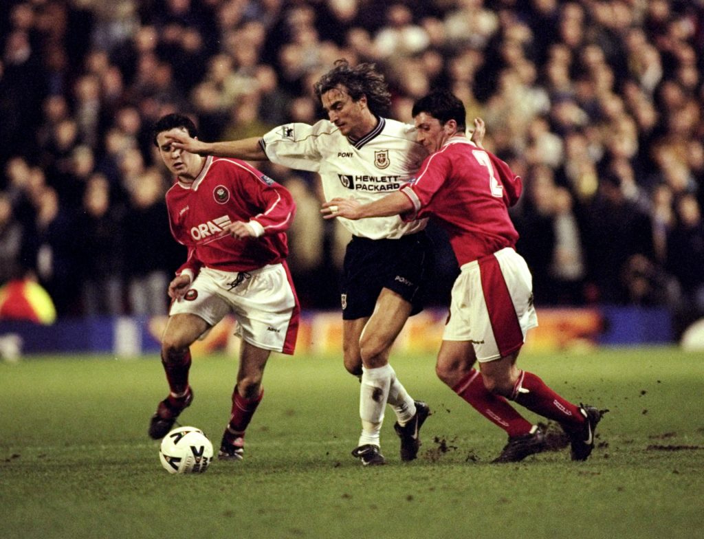 16 Mar 1999:  David Ginola of Tottenham Hotspur in action during an AXA FA Cup 6th round match against Barnsley at Oakwell in Barnsley, England.  The match finished in a  0-1 victory for Tottenham Hotspur  Mandatory Credit: Chris Lobina /Allsport