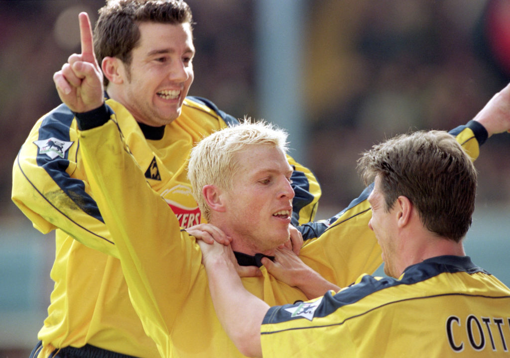 22 Apr 2000: Mussey Izzet and Tony Cottee congratulate Leicester City goalscorer Neil Lennon during the FA Carling Premier League match against Aston Villa played at Villa Park in Birmingham. The game ended in a 2-2 draw. Mandatory Credit: Stu Forster/Allsport