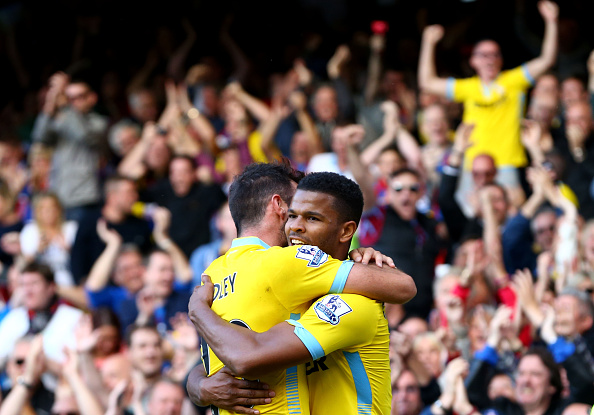 LIVERPOOL, ENGLAND - SEPTEMBER 21:  Fraizer Campbell (R) of Crystal Palace celebrates with teammate Joe Ledley after scoring his team's second goal uring the Barclays Premier League match between Everton and Crystal Palace at Goodison Park on September 21, 2014 in Liverpool, England.  (Photo by Jan Kruger/Getty Images)