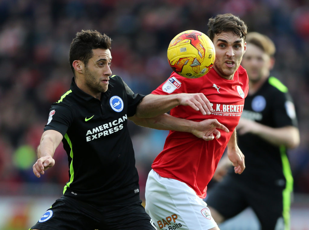 BARNSLEY, ENGLAND - FEBRUARY 18:  Matty James (R) of Barnsley challenges Sam Boldlock of Brighton & Hove Albion during the Sky Bet Championship match between Barnsley and Brighton & Hove Albion at Oakwell Stadium on February 18, 2017 in Barnsley, England.  (Photo by Nigel Roddis/Getty Images)