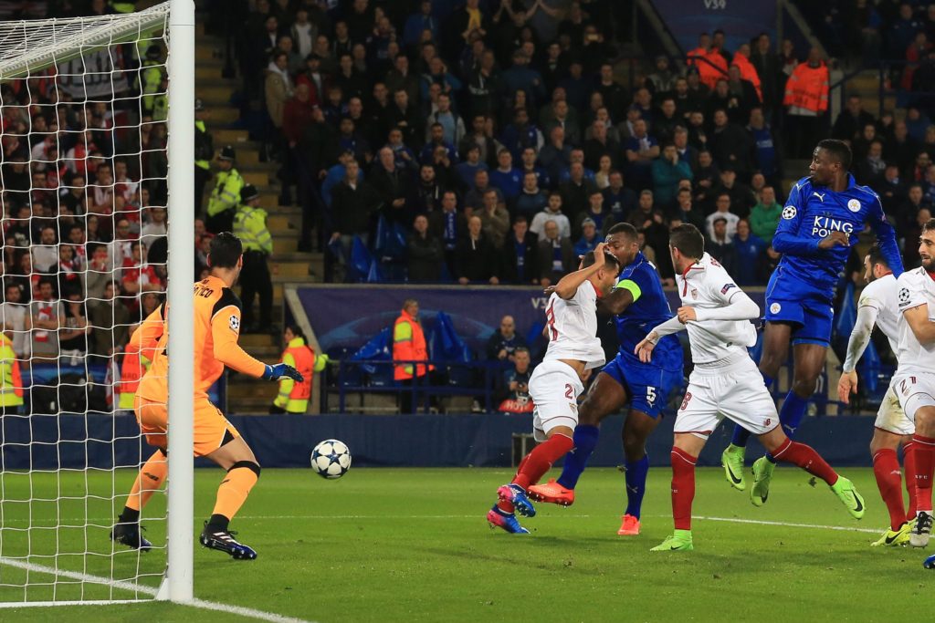 LEICESTER, UNITED KINGDOM - MARCH 14: Leicester City's captain defender Wes Morgan (5) scores the opening goal against Sevilla during their Champions League Round of 16, Game 2 match between Leicester City FC and Sevilla at the King Power stadium in Leicester, United Kingdom on March 14, 2017.   (Photo by Lindsey Parnaby/Anadolu Agency/Getty Images)