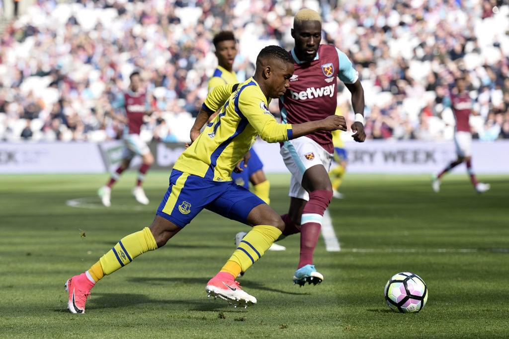 STRATFORD, ENGLAND - APRIL 22:  Ademola Lookman of Everton (L) and Winston Reid of West Ham during the Premier League match between West Ham United and Everton at London Stadium on April 22, 2017 in Stratford, United Kingdom.  (Photo by Tony McArdle/Everton FC via Getty Images)