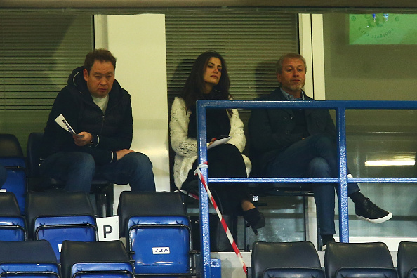 LONDON, ENGLAND - APRIL 26:  Roman Abramovic, Cheslea Chairman and former Football player and Coach, Leonid Slutsky (L) watch on during the FA Youth Cup Final, second leg between Chelsea and Mancherster City at Stamford Bridge on April 26, 2017 in London, England.  (Photo by Jordan Mansfield/Getty Images)