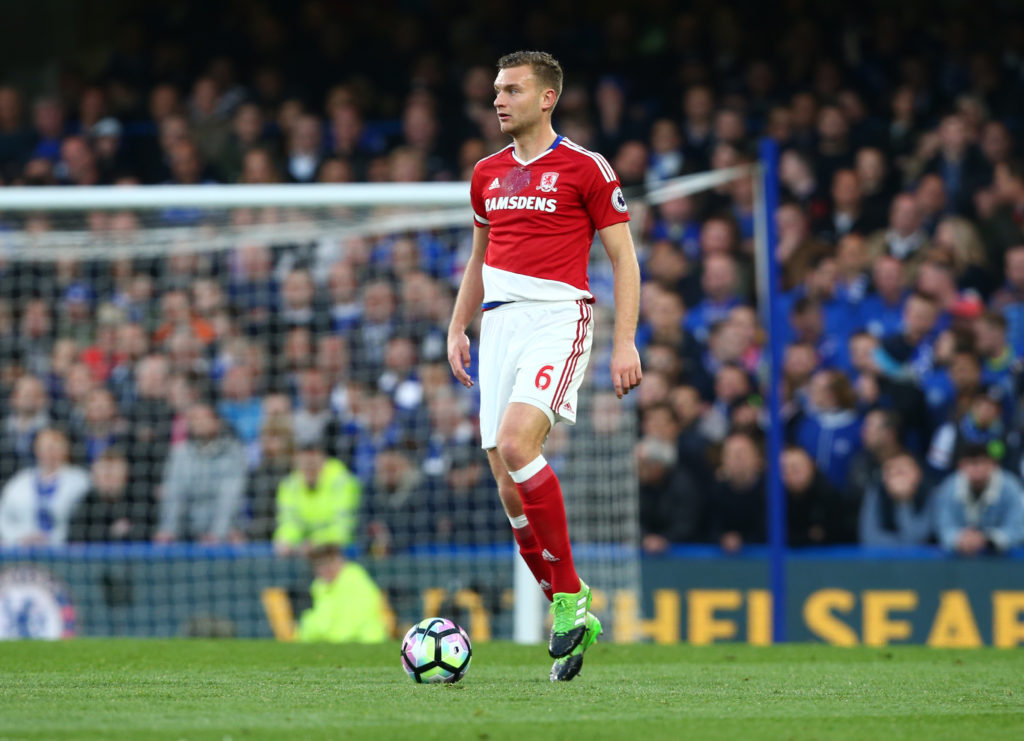 Ben Gibson of Middlesbrough during Premier League match between Chelsea and Middlesbrough at Stamford Bridge, London, England on 08 May 2017.   (Photo by Kieran Galvin/NurPhoto via Getty Images)