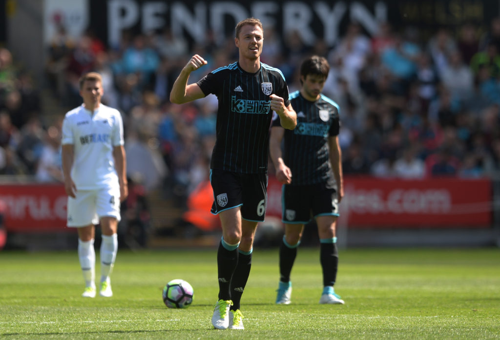 SWANSEA, WALES - MAY 21: Jonny Evans of West Bromwich Albion celebrates scoring his sides first goal during the Premier League match between Swansea City and West Bromwich Albion at Liberty Stadium on May 21, 2017 in Swansea, Wales.  (Photo by Harry Trump/Getty Images)