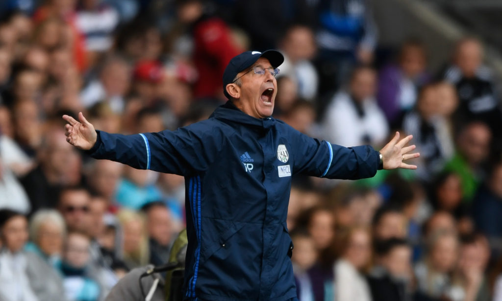 SWANSEA, WALES - MAY 21:  WBA manager Tony Pulis reacts during the Premier League match between Swansea City and West Bromwich Albion at Liberty Stadium on May 21, 2017 in Swansea, Wales.  (Photo by Stu Forster/Getty Images)