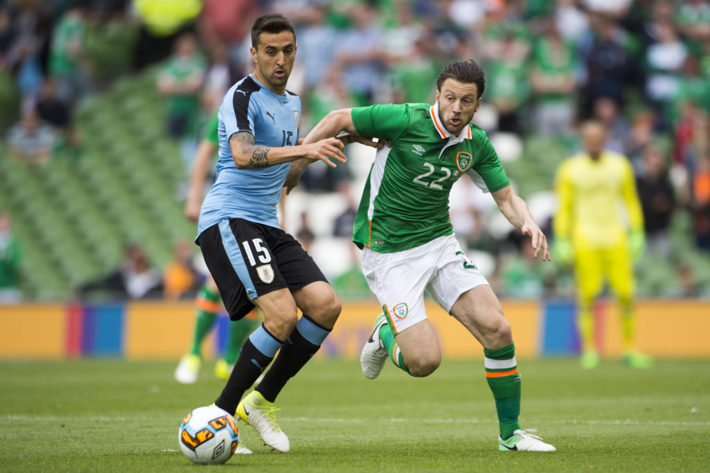 Matias Vecino of Uruguay and Harry Arter of Ireland fight for the ball during the International Friendly match between Republic of Ireland and Uruguay at Aviva Stadium in Dublin, Ireland on June 4, 2017 Republic of Ireland defeats Uruguay 3-1. (Photo by Andrew Surma/NurPhoto via Getty Images)