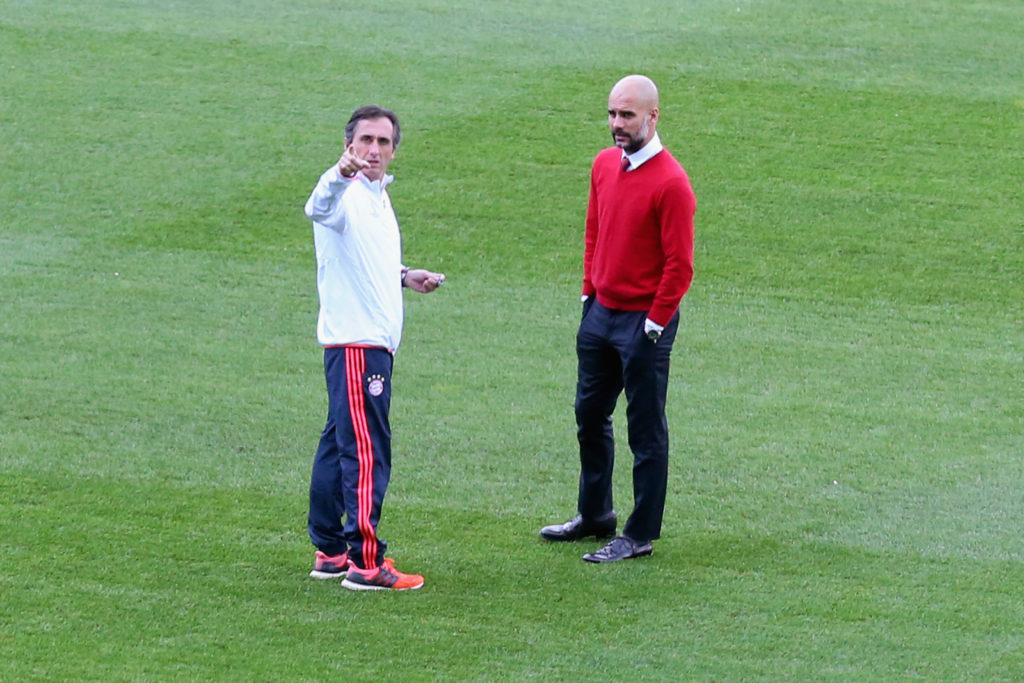 MADRID, SPAIN - APRIL 26:  Josep Guardiola (R), head coach of FC Bayern Muenchen visits the field of play  with his assietnt Manel Estiarte prior to a press conference on the eve of the UEFA Champions League Semi Final First Leg between Club Atletico de Madrid and FC Bayern Muenchen at Estadio Vicente Calderon on April 26, 2016 in Madrid, Spain.  (Photo by Alexander Hassenstein/Bongarts/Getty Images)