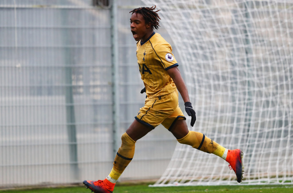 MONACO - NOVEMBER 22:  Kazaiah Sterling of Tottenham Hotspur celebrates as he scores their first goal during the UEFA Youth Champions League match between AS Monaco FC and Tottenham Hotspur FC  at La Turbie Training Centre on November 22, 2016 in Monaco, Monaco.  (Photo by Michael Steele/Getty Images)