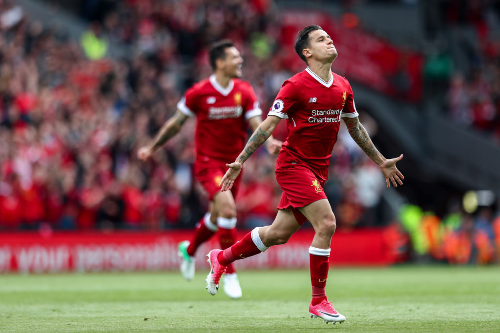 LIVERPOOL, ENGLAND - MAY 21: Philippe Coutinho of Liverpool celebrates after scoring a goal to make it 2-0 during the Premier League match between Liverpool and Middlesbrough at Anfield on May 21, 2017 in Liverpool, England. (Photo by Robbie Jay Barratt - AMA/Getty Images)