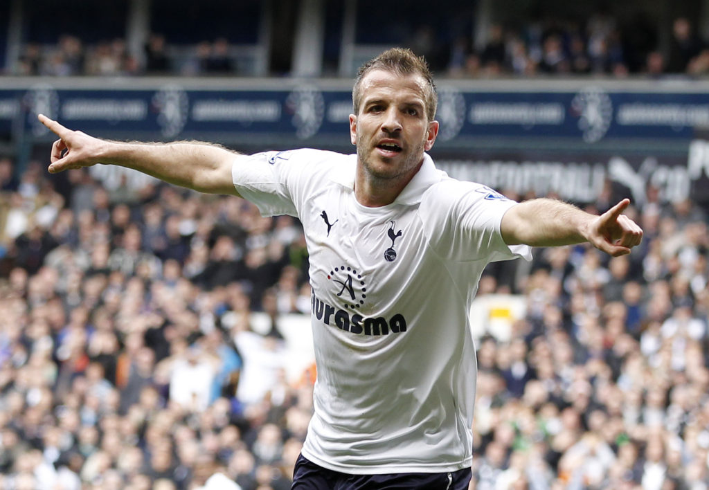 Tottenham Hotspur's Dutch player Rafael van der Vaart celebrates scoring his goal during an English Premier League football match between Tottenham Hotspur and Blackburn Rovers at White Hart Lane in London, England on April 29, 2012. AFP PHOTO/IAN KINGTON RESTRICTED TO EDITORIAL USE. No use with unauthorised audio, video, data, fixture lists, club/league logos or ?€?live?€ services. Online in-match use limited to 45 images, no video emulation. No use in betting, games or single club/league/player publications.        (Photo credit should read IAN KINGTON/AFP/GettyImages)